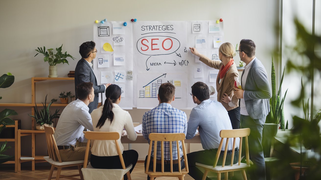 A marketing team discussing SEO strategies on a whiteboard during a brainstorming session.